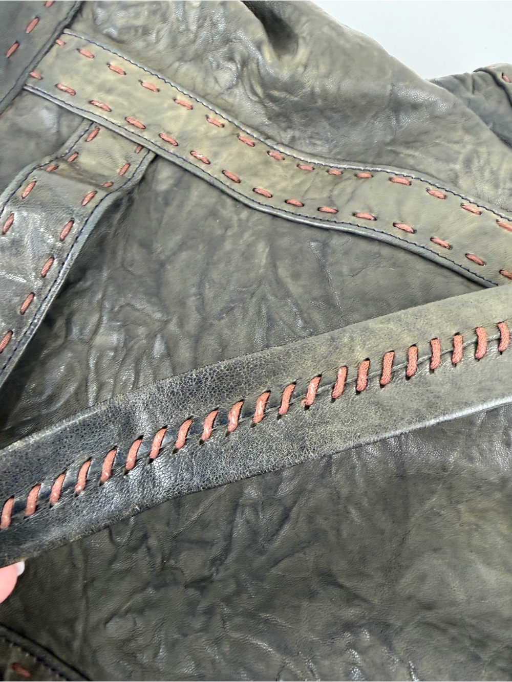 Carla Mancini Y2K Leather Peace Sign Tote Bag Boho Whipstitch Shoulder Bag - Picture 9 of 10